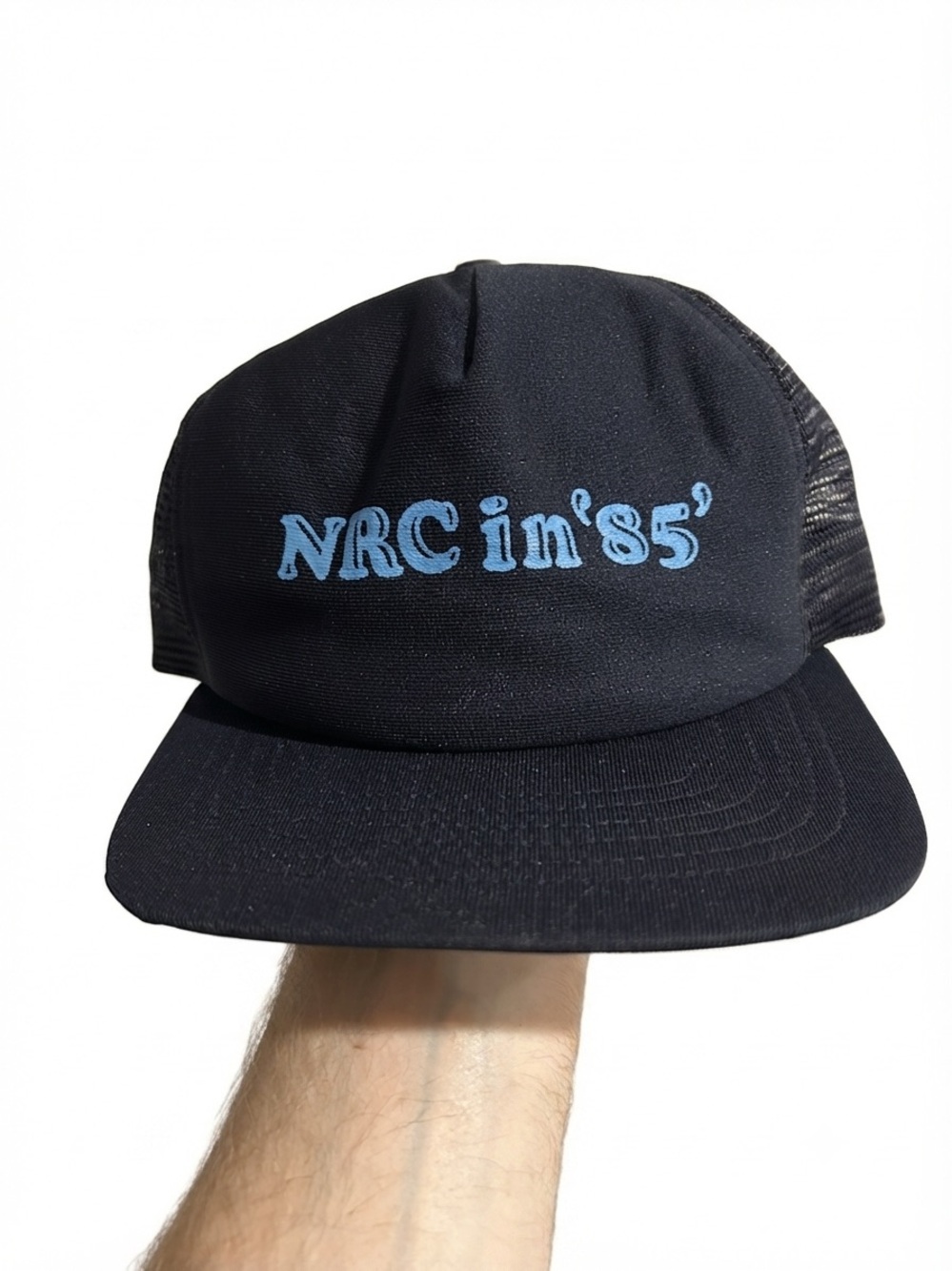 Vintage New Era Trucker Hat Cap NRC in '85 Navy Mesh Snapback Made in USA